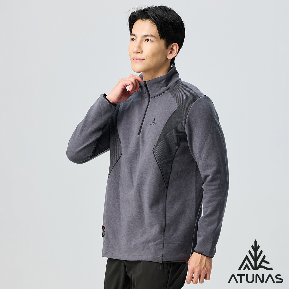 ATUNAS 歐都納 男款POLARTEC THERMAL PRO刷毛保暖透氣快乾長袖拉鍊立領杉/POLO衫A1PS2522M深灰/大尺碼/中層衣