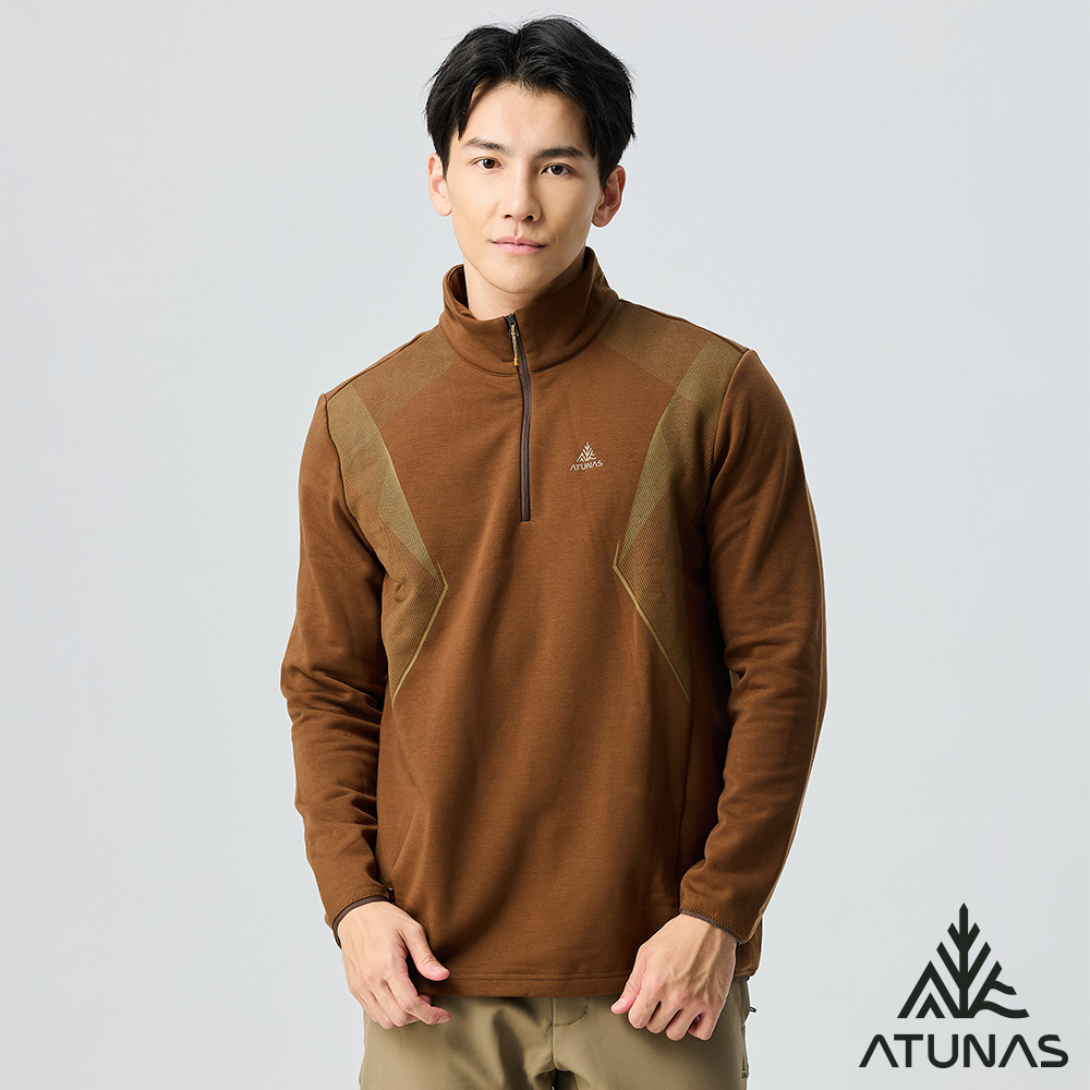 ATUNAS 歐都納 男款POLARTEC THERMAL PRO刷毛保暖透氣快乾長袖拉鍊立領杉/POLO衫A1PS2522M深棕/大尺碼/中層衣