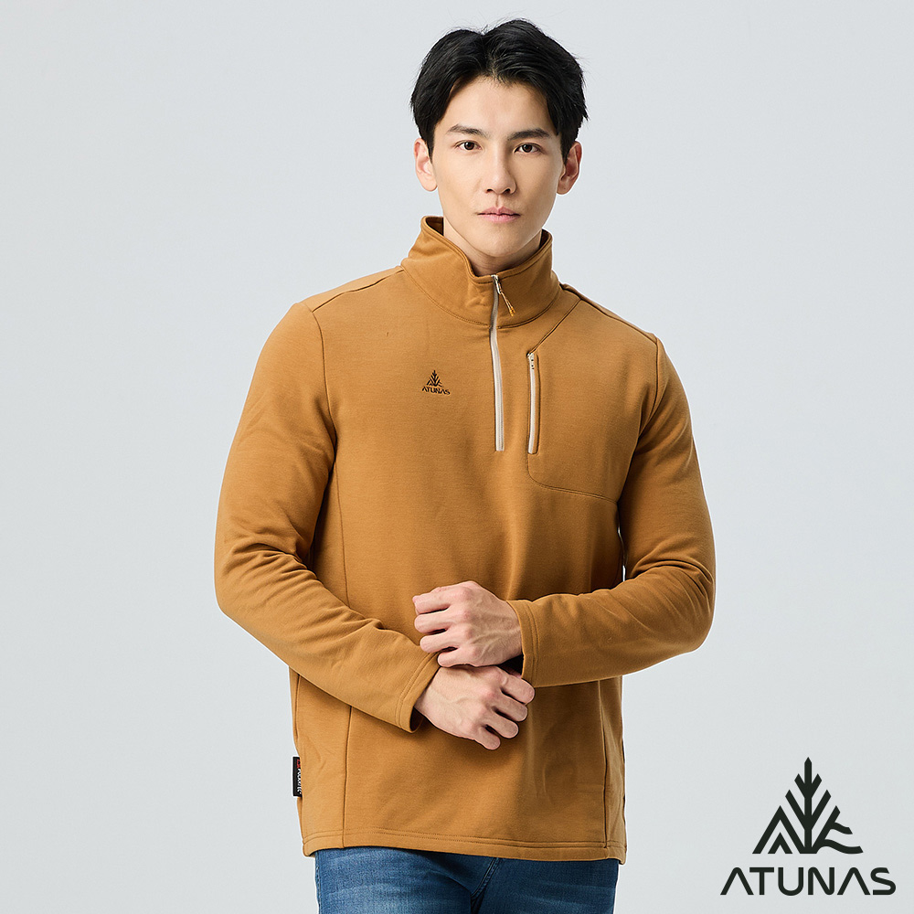 ATUNAS 歐都納 男款POLARTEC THERMAL PRO保暖長袖拉鍊立領杉A1PS2521M琥珀棕/透氣快乾/POLO衫