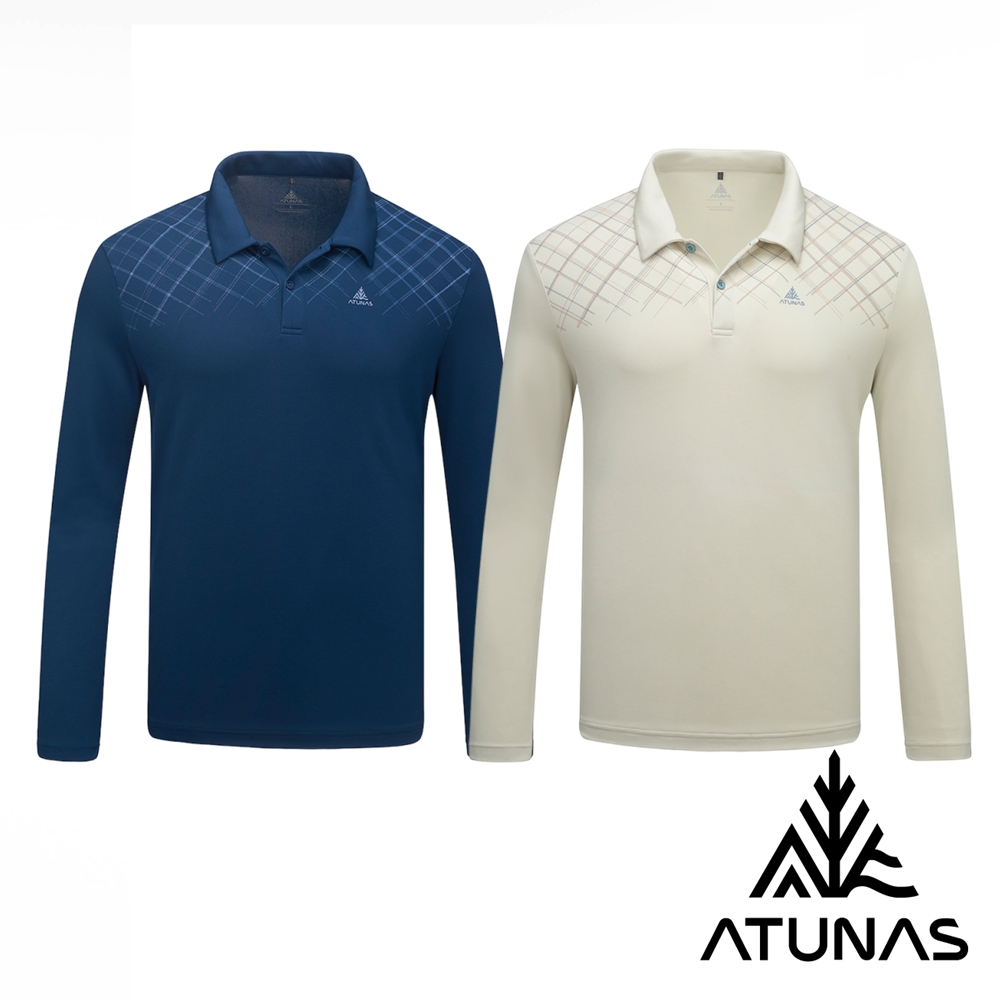 ATUNAS 歐都納 男款環保再生循環長袖排汗POLO衫/抑菌抗臭/防曬透氣A1PSHH01MC藍、米卡/大尺碼