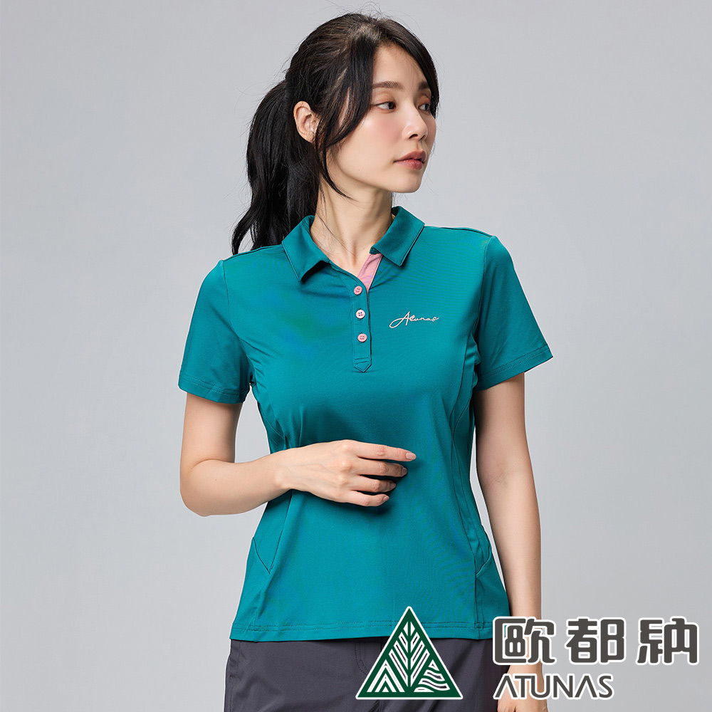 ATUNAS 歐都納 女款POLARTEC POWER STRETCH短袖POLO衫 (A1PS2304W 珐瑯綠/彈性/排汗/快乾)