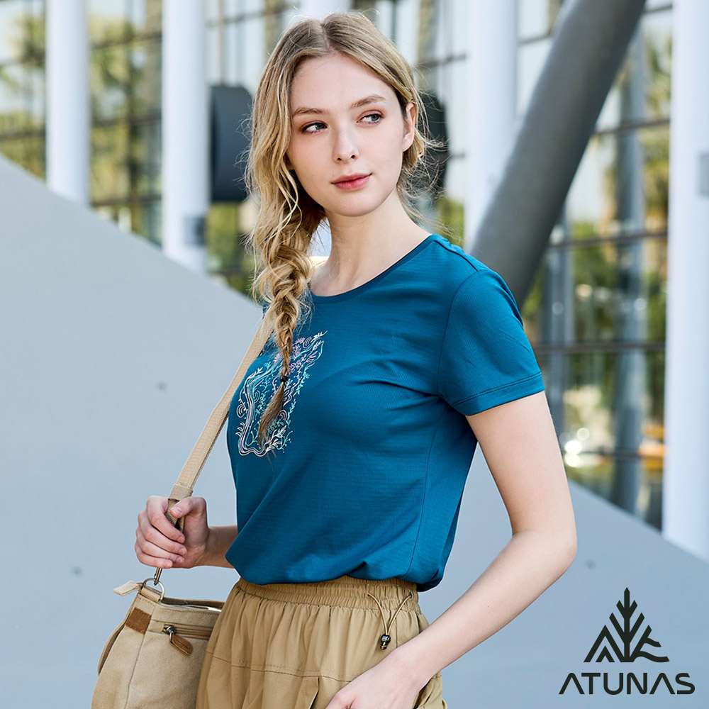 ATUNAS 歐都納 女款循環吸濕排汗短袖T恤A2TS2532WC孔雀藍/防曬透氣/大尺碼/圖T