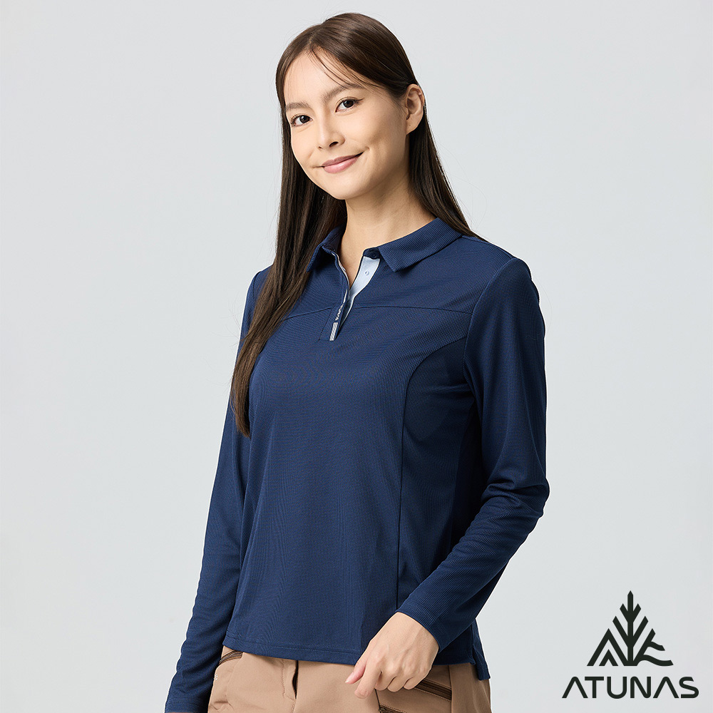 ATUNAS 歐都納 女款POLARTEC POWER DRY長袖POLO衫A1PSGZ02W藏青/吸濕排汗/透氣快乾/銀離子抗臭