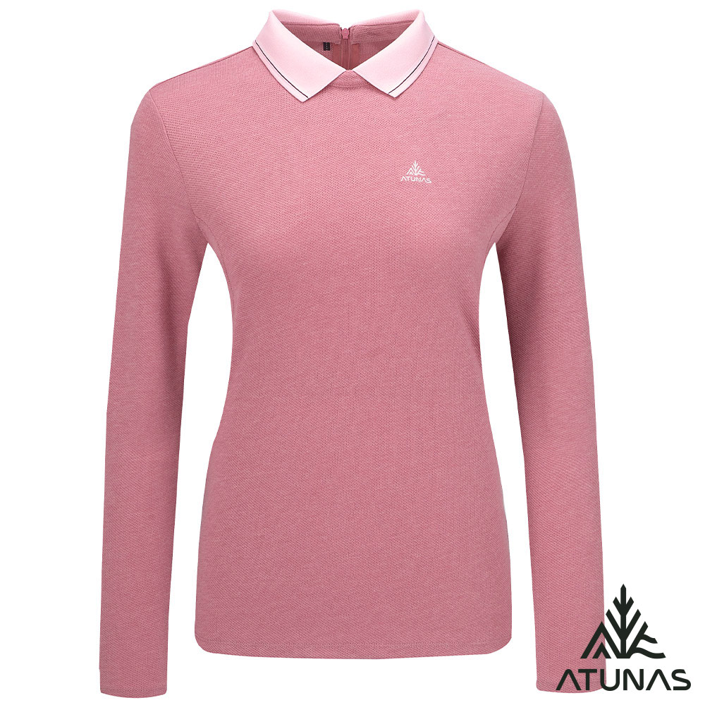 ATUNAS 歐都納 女款羊毛長袖POLO衫A1PS2553W灰粉/透氣排汗/大尺碼