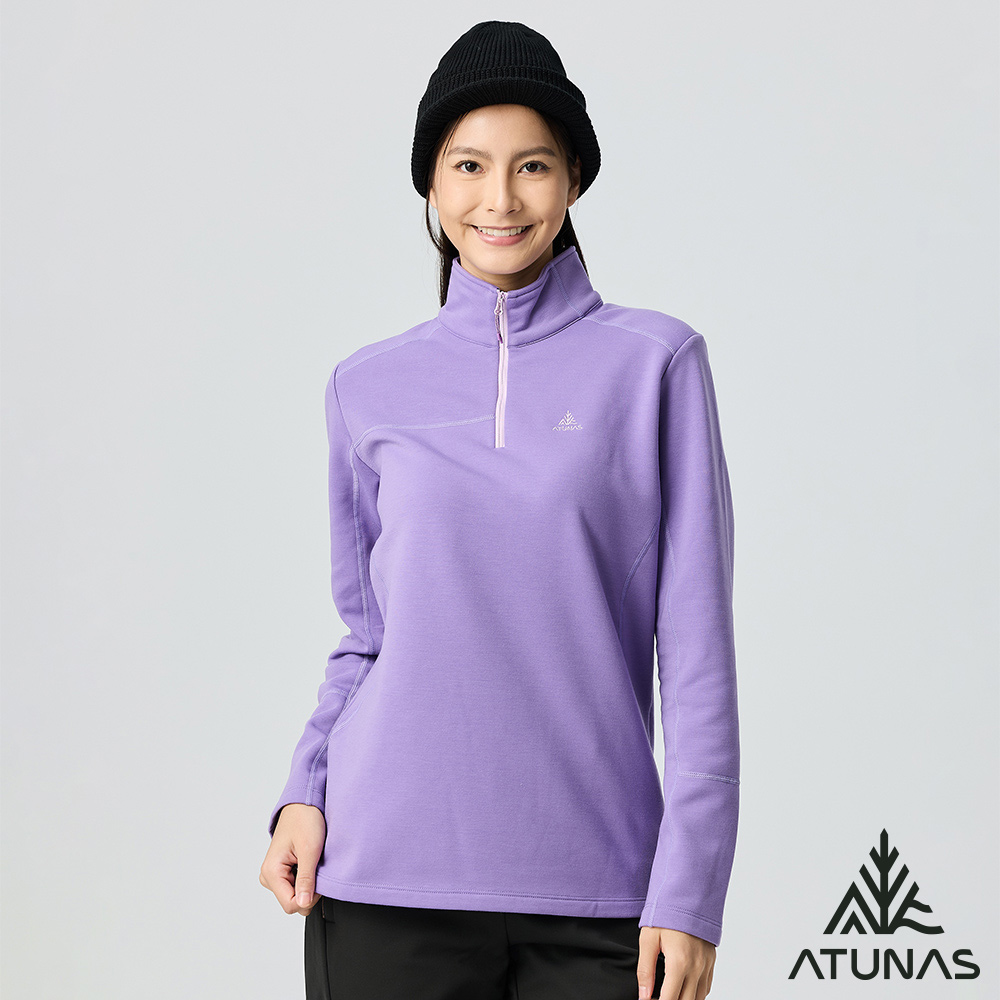 ATUNAS 歐都納 女款POLARTEC THERMAL PRO刷毛保暖透氣快乾長袖拉鍊立領杉/POLO衫A1PS2524W紫羅蘭/中層衣/大尺碼