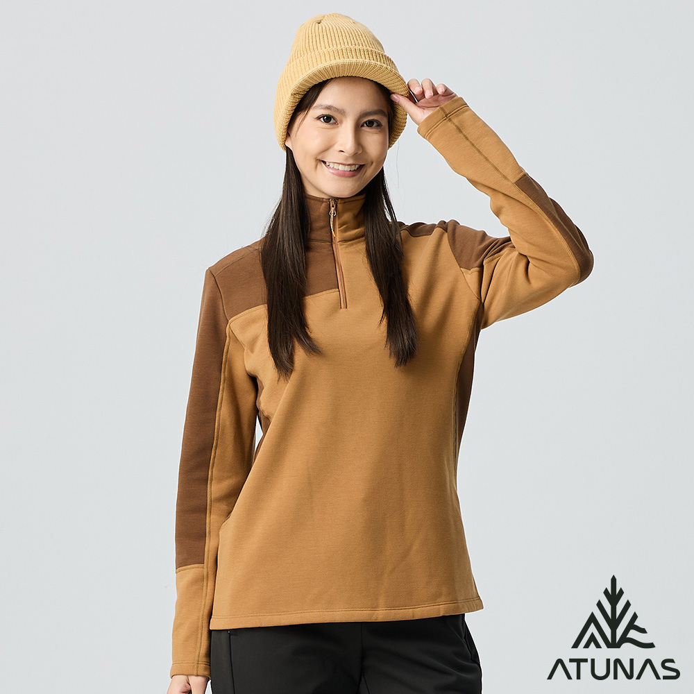 ATUNAS 歐都納 女款POLARTEC THERMAL PRO刷毛保暖透氣快乾長袖拉鍊立領杉/POLO衫A1PS2524W琥珀棕/中層衣