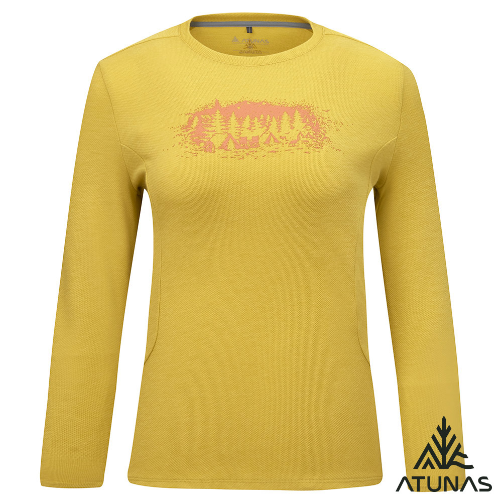 ATUNAS 歐都納 女款長袖羊毛T恤A1TS2631W黃棕/透氣排汗/印花圖T/羊毛衫/大尺碼