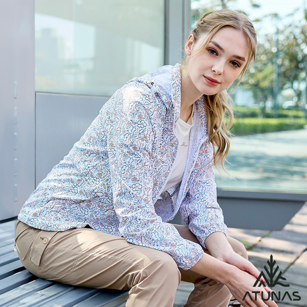ATUNAS 歐都納 女款蚊瘋不動涼感連帽外套A2GA2512W米卡印花/防蚊蟲/輕量防曬透氣