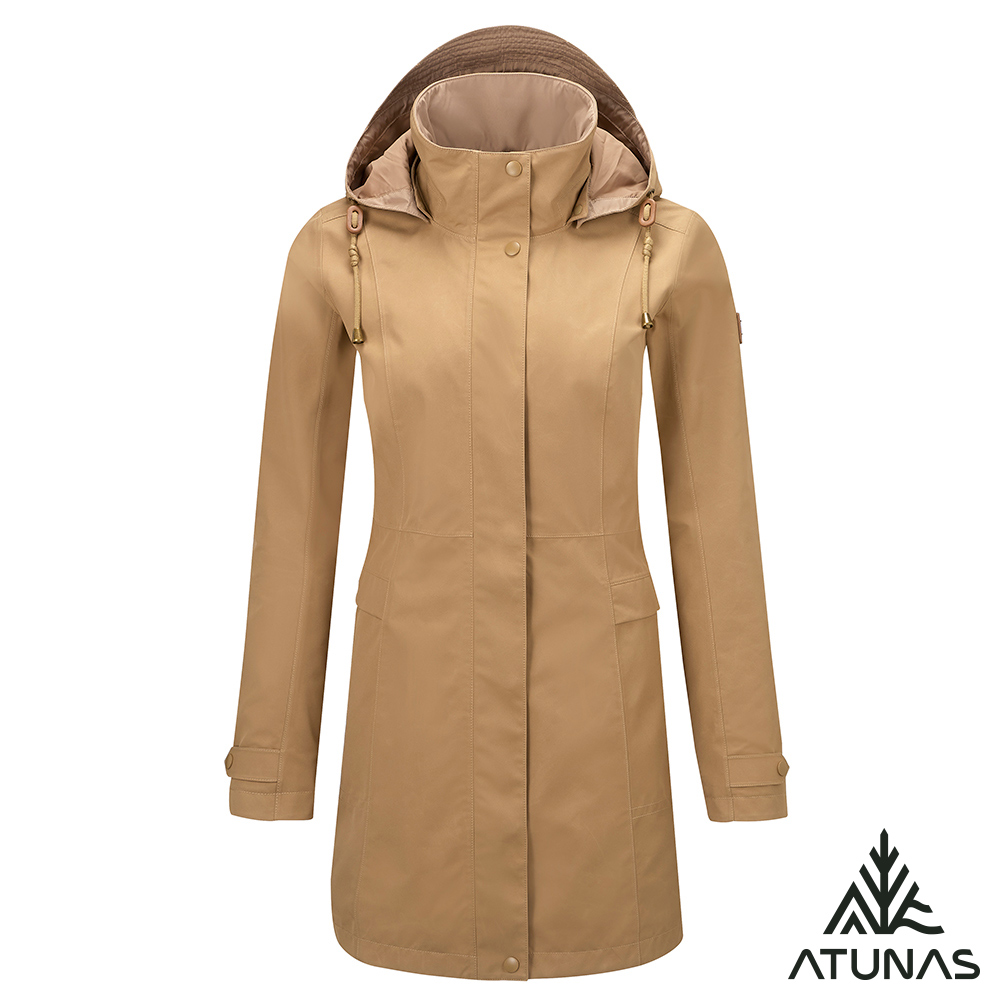 ATUNAS 歐都納 女款GORE-TEX 2L防水防風透氣+保暖羽絨二件式中長版外套A1GT2604W深卡其/都會商務風衣式外套/大尺碼