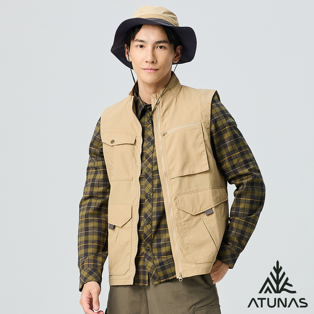 ATUNAS 歐都納 男女中性款多口袋防潑水輕量背心/釣魚背心/大尺碼/A1VEGZ01N/卡其/深灰