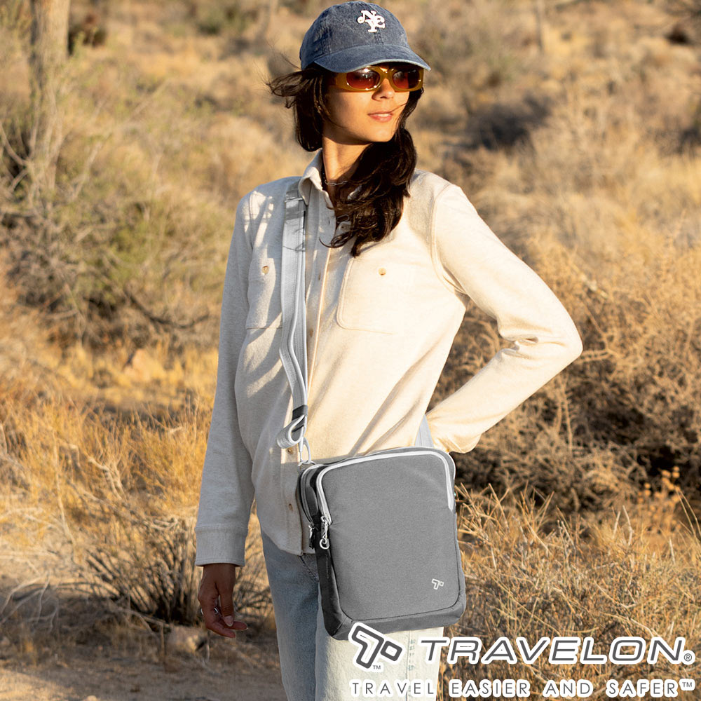 TRAVELON _美國防盜包_Voyages防盜斜背包TL-43669灰/休閒旅遊包/斜肩包