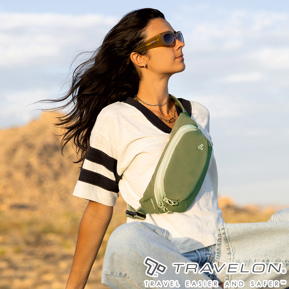 TRAVELON _美國防盜包_Voyages防盜腰包TL-43668綠/斜背包/胸前包/出國休閒旅遊包
