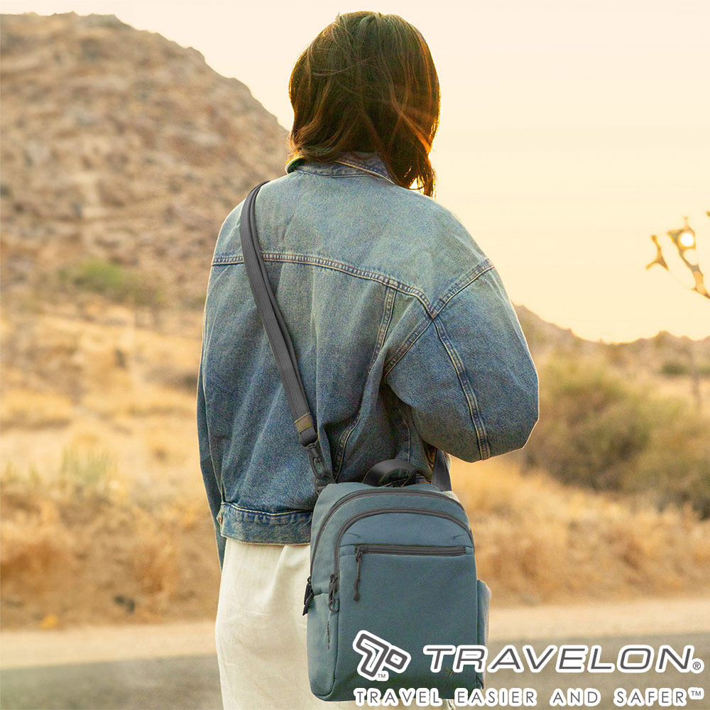 TRAVELON _美國防盜包_Voyages防盜斜背包TL-43670藍/斜肩包/側肩包/出國休閒旅遊包