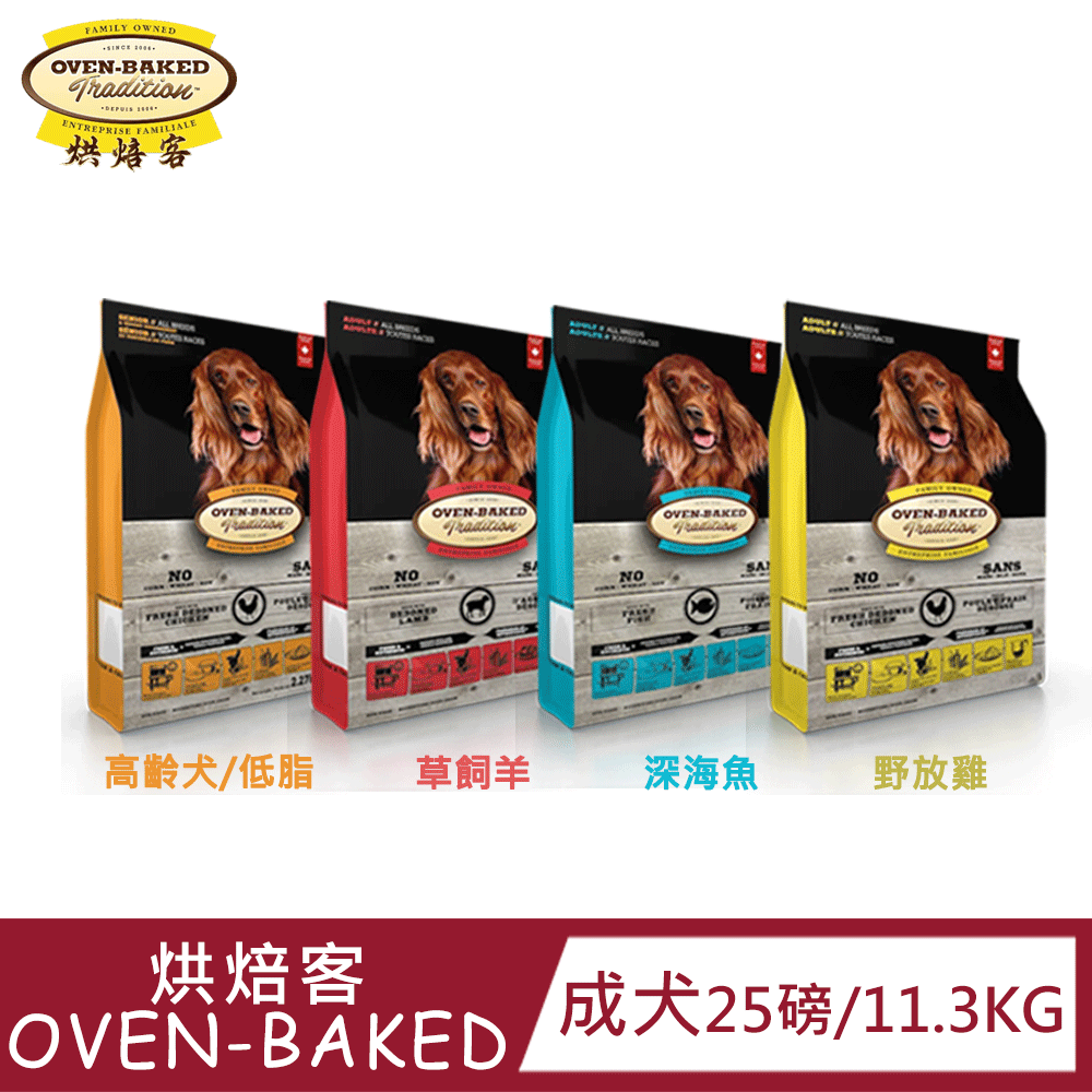 Oven-Baked 烘焙客 成/熟齡犬糧 25磅(小/原顆粒) 四種口味配方|天然無添加|易吸收消化|豐富蛋白質