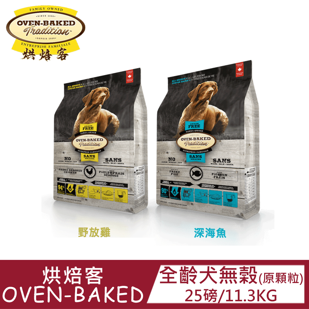 Oven-Baked 烘焙客 全齡犬無穀 犬糧25磅 原顆粒 (野放雞/深海魚配方)|天然無添加|易吸收消化|豐富蛋白質|零穀物添加