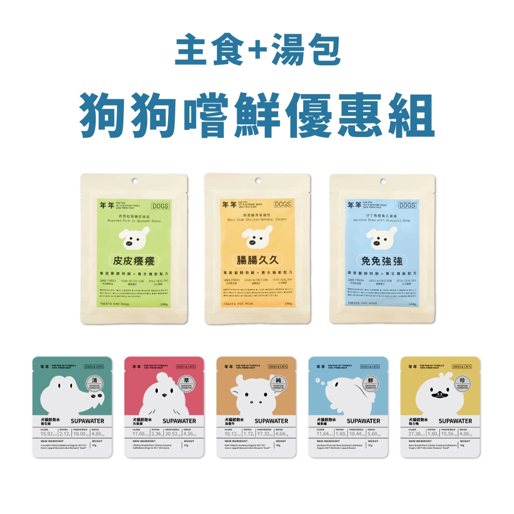 年年 狗・經典主食+營養補給湯包嚐鮮組 (皮皮癢癢+腸腸久久+免免強強+超飽水凍乾湯5入)