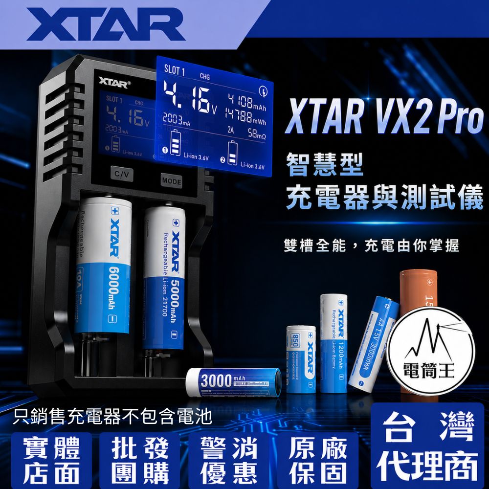XTAR VX2 Pro 萬用智能雙槽充電器 20W快充 可測電池容量 兼容 1.2V 鎳氫 1.5V 3.7V 鋰電池 等電池