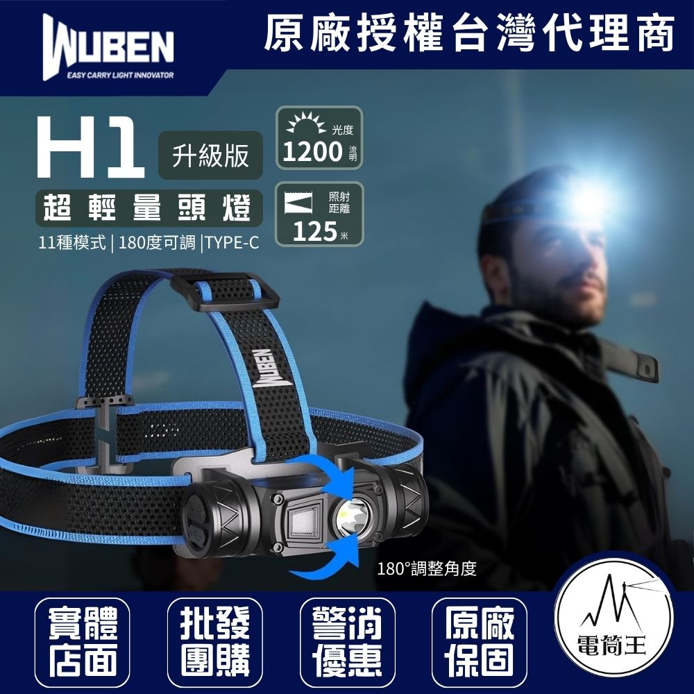 WUBEN H1 升級版 1200流明 125米 高亮泛光超輕量頭燈 多模式 TYPE-C 18650
