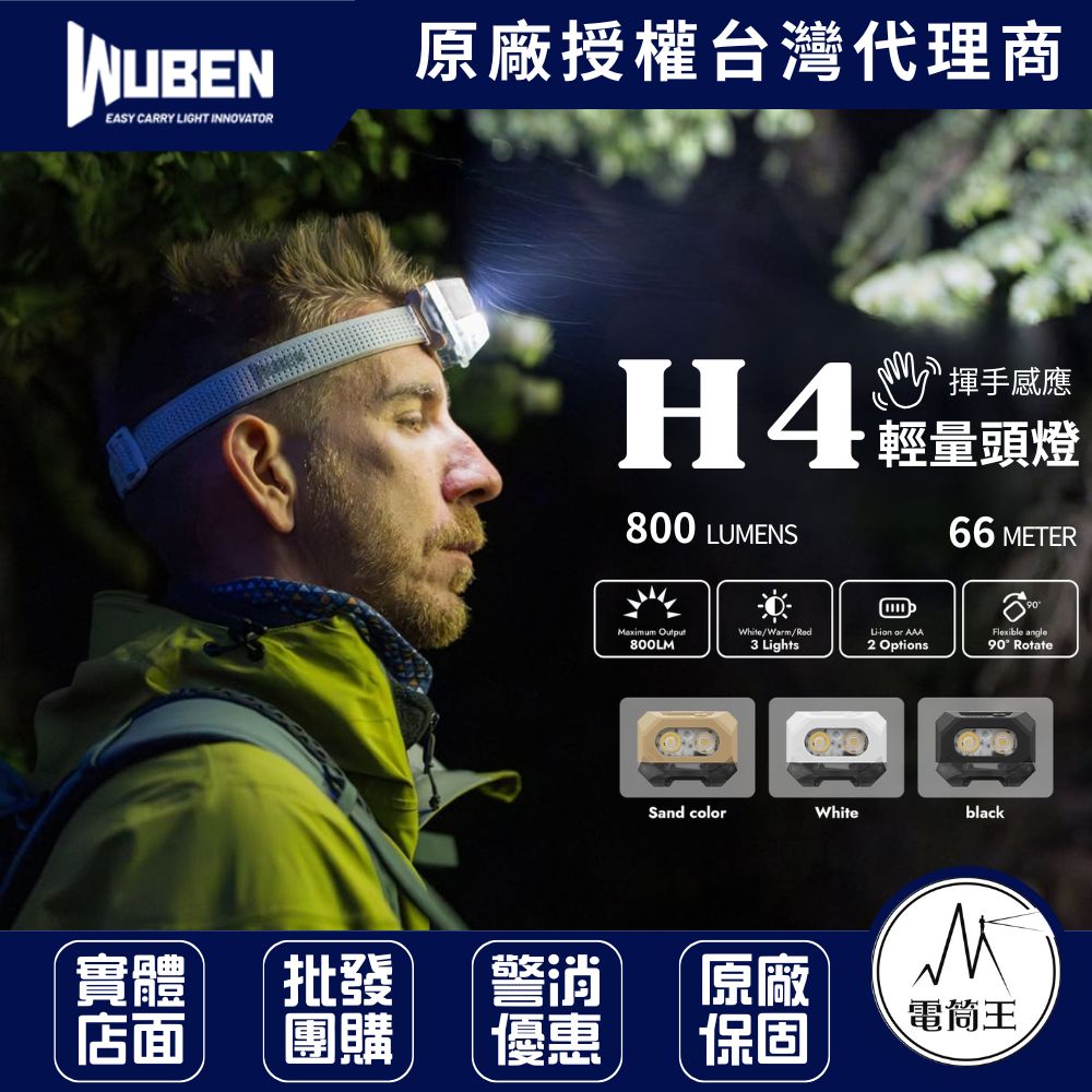 WUBEN H4 800流明66米輕量頭燈 揮手感應 一揮即亮 白光/暖白/紅光 Type-C 兼容AAA