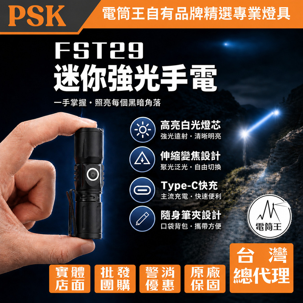 PSK FST29 迷你強光手電筒 伸縮變焦 泛光/遠射 Type-C快充 附16340電池 (僅60g)
