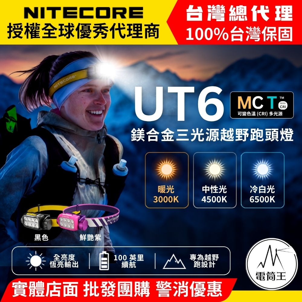 NiteCore 奈特科爾 UT6 1600流明 195米 鎂合金三色溫越野跑頭燈 高顯色 輕量 長續航 18650