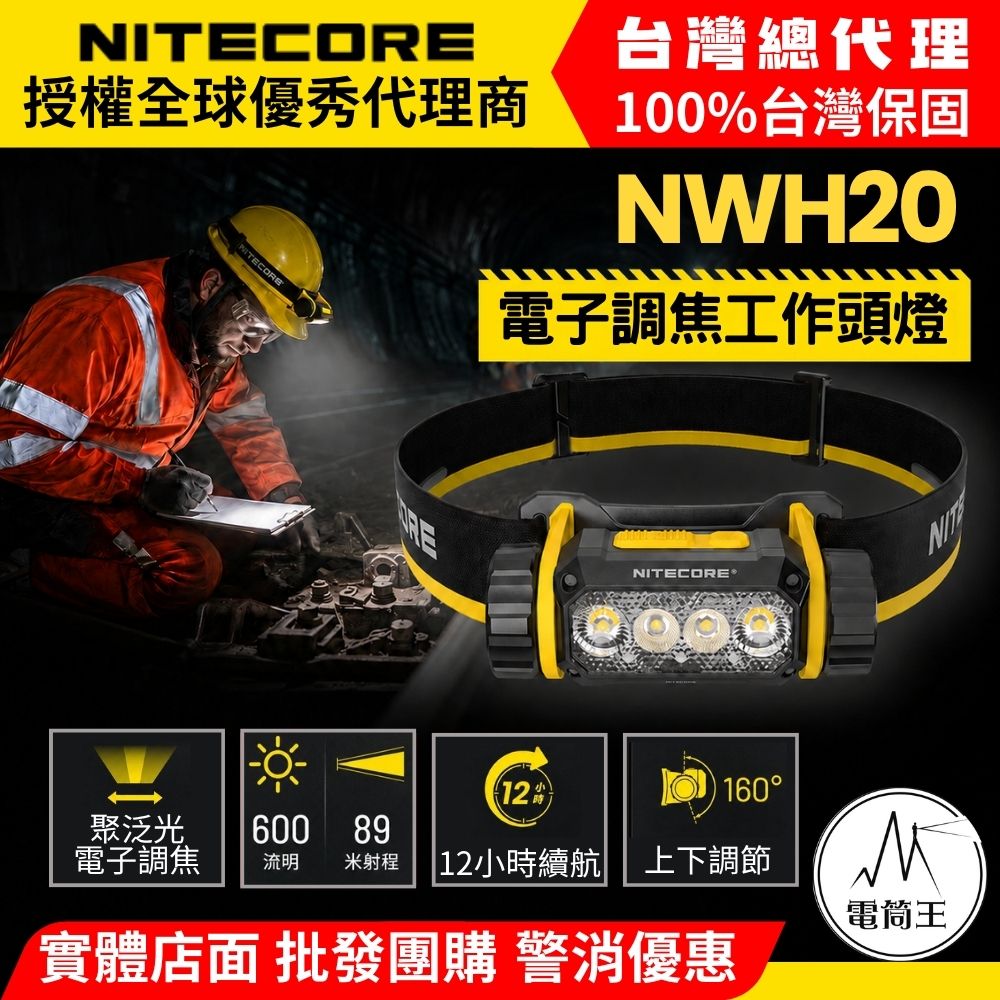 NiteCore 奈特科爾 NWH20 電子調焦工作頭燈 600流明 4500K 紅白光 工地 檢修 工程 149克