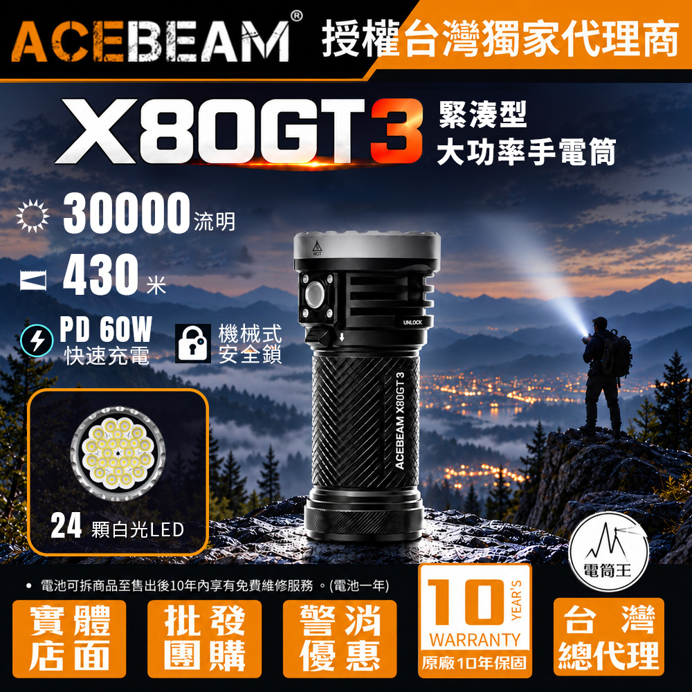 AceBeam X80GT 3 30000流明 430米 緊湊型大功率手電筒 高演色側燈 搜索 洞穴探險 PD 60W快充