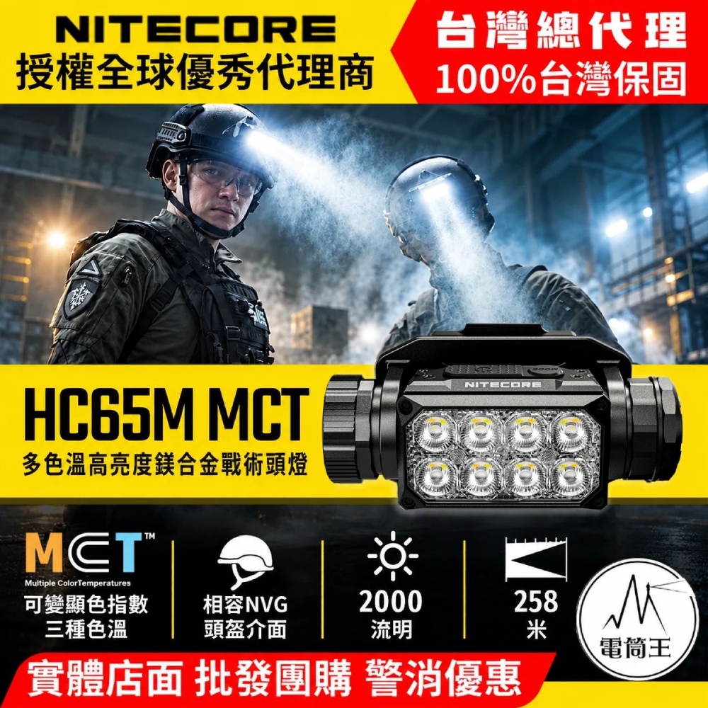 NiteCore 奈特科爾 HC65M MCT 2000流明 258米 三色溫高亮度鎂合金戰術頭盔燈 紅光 NVG固定座 18650