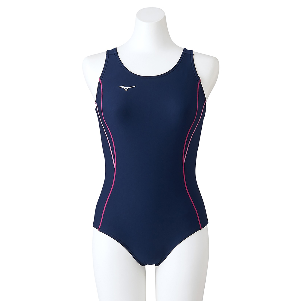 MIZUNO 美津濃 BASIC 女連身泳衣 深藍x粉線條 N2MAAC1186
