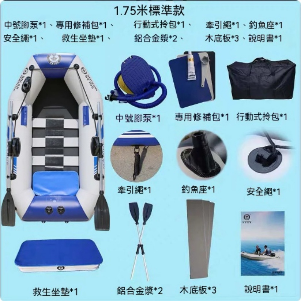 1.75 米加厚木底板充氣釣魚船全套組 鋁合金船槳腳泵救生坐墊齊配備 耐磨抗刮折疊皮划艇 便攜橡皮艇