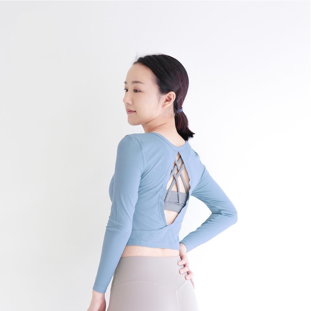 Mukasa DURABLE 挖洞露背長袖坑條罩衫 - 天空藍 - MUK-23044