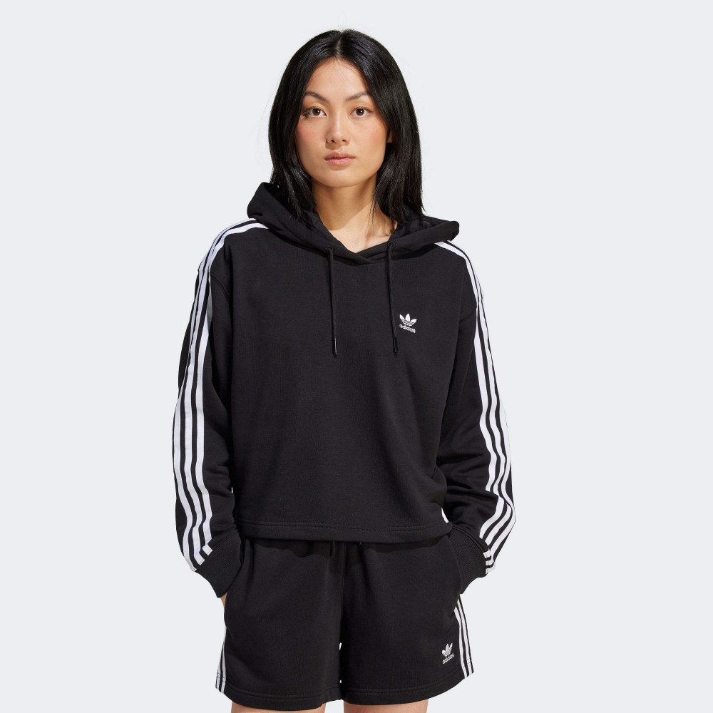 adidas 愛迪達 3S SHORT HOODIE 連帽上衣 女 黑色-IU2424