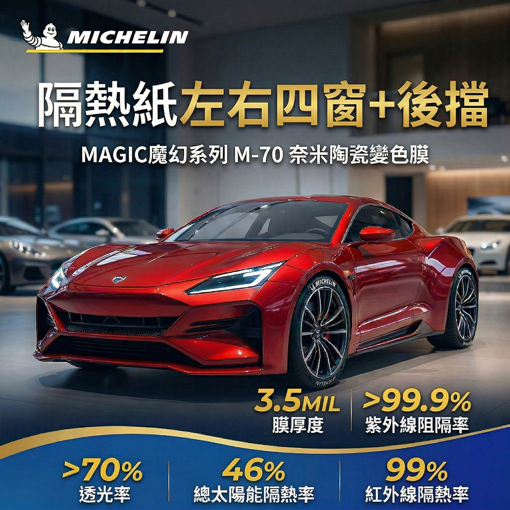 MICHELIN 米其林 附全台灣安裝 MAGIC魔幻系列 智能變色奈米陶瓷熱熔高隔熱膜 M-70 (車身左右四窗+後擋 不含天窗)
