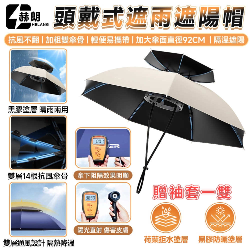 【Secaii設彩品牌店】97cm雙層 雙骨更抗風 送袖套1雙 釣魚帽 遮陽帽 雨傘帽 頭戴式遮陽傘 傘帽