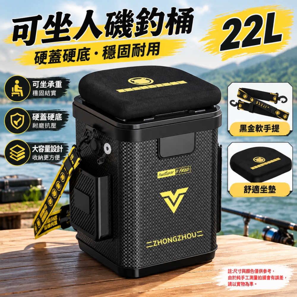 26×26×22cm 22L可坐人裝魚桶+5m打水繩+坐墊 多功能打水桶 活魚箱 路亞桶 漁具釣桶