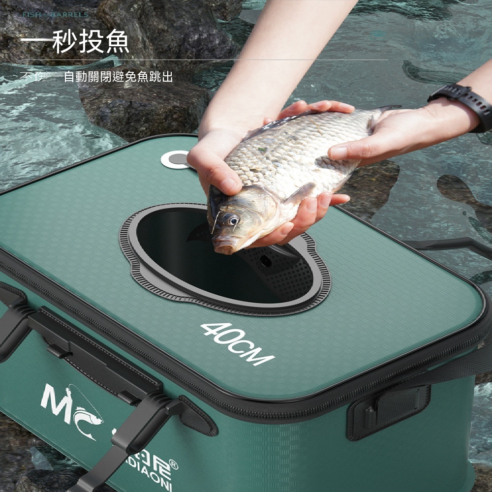 藝啟 魚護 釣魚水桶 加厚裝魚箱 活魚桶 可折疊活魚桶 硬殼野釣專用活魚桶 50cm活魚桶+超靜音增氧泵