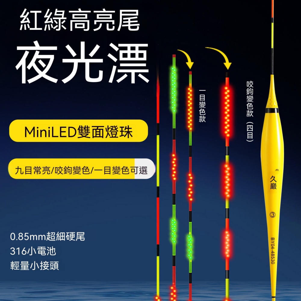 久岩 BY01 細硬尾 Mini LED 夜光漂 高亮底釣鯽鯉鯿羅非長 40cm 吃鉛 2.0g