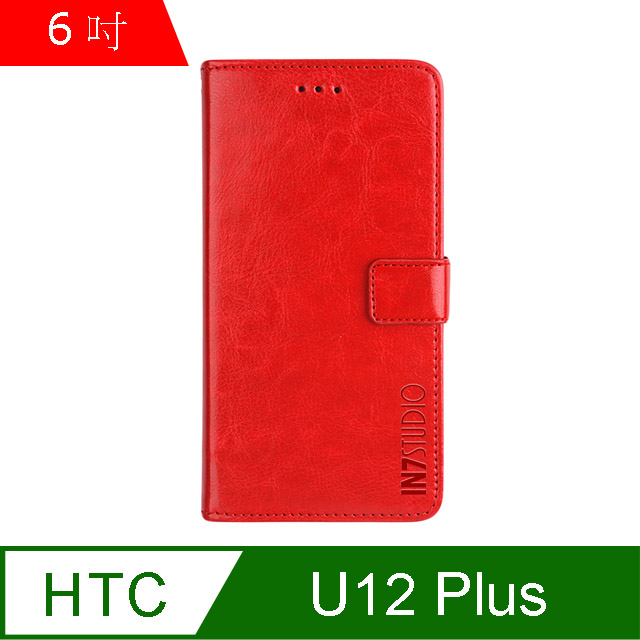 IN7 瘋馬紋 HTC U12+ (6吋) 錢包式 磁扣側掀皮套 吊飾孔 手機皮套保護殼-紅色