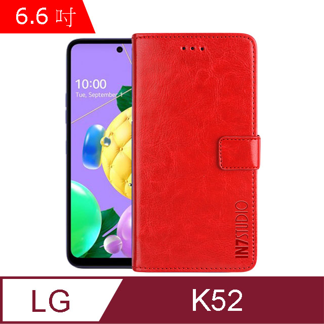 IN7 瘋馬紋 LG K52 (6.6吋) 錢包式 磁扣側掀皮套 吊飾孔 手機皮套保護殼-紅色
