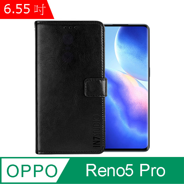 IN7 瘋馬紋 OPPO Reno5 Pro 5G (6.55吋) 錢包式 磁扣側掀皮套 吊飾孔 手機皮套保護殼-黑色