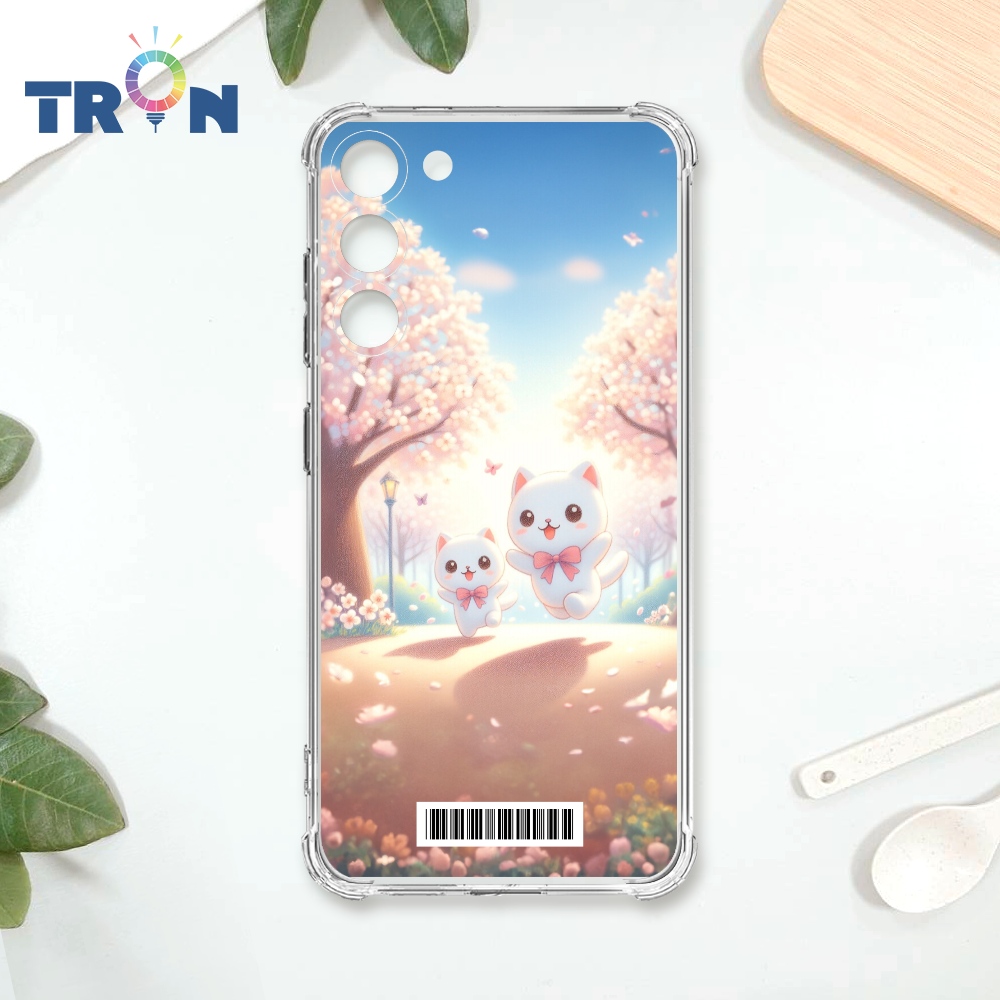 TRON 三星 S23 櫻花插畫風格白貓咪 載具 四角防摔殼 手機殼