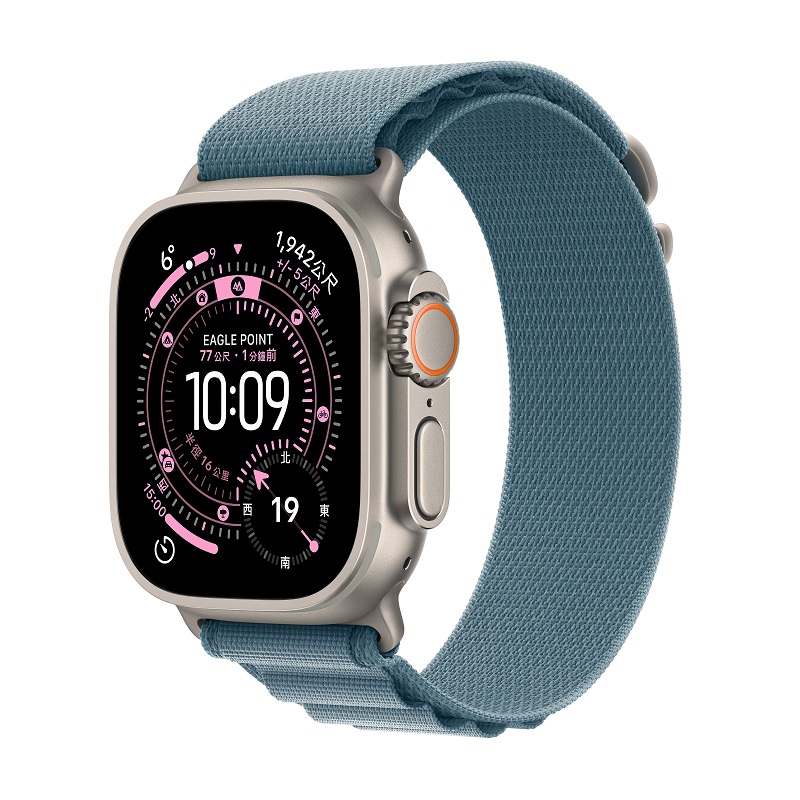 Apple Watch Ultra 3 GPS + LTE 49mm 原色鈦金屬錶殼搭配淡藍色高山錶環