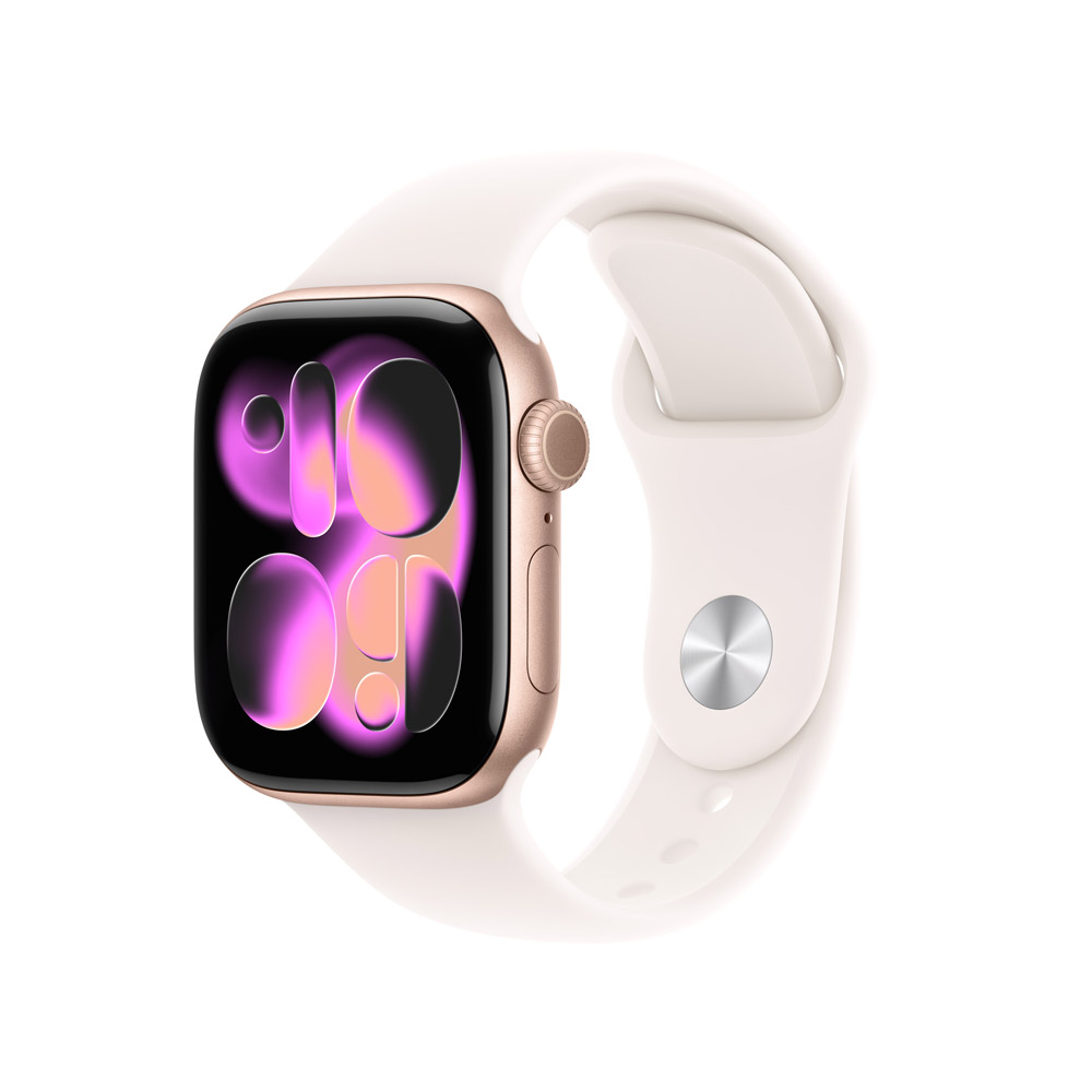 Apple Watch Series 11 GPS 42mm 玫瑰金色鋁金屬錶殼搭配淡胭粉色運動錶帶