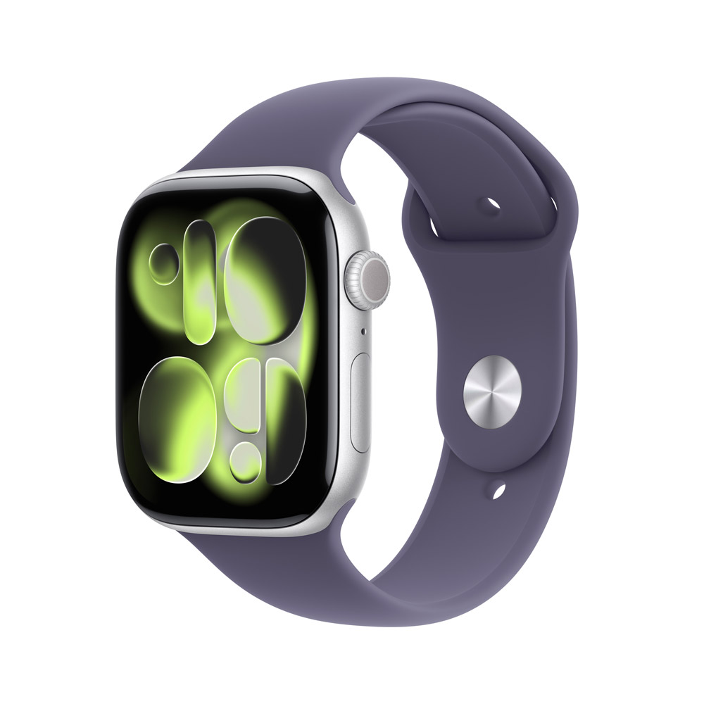 Apple Watch Series 11 GPS 46mm 銀色鋁金屬錶殼搭配霧紫色運動錶帶