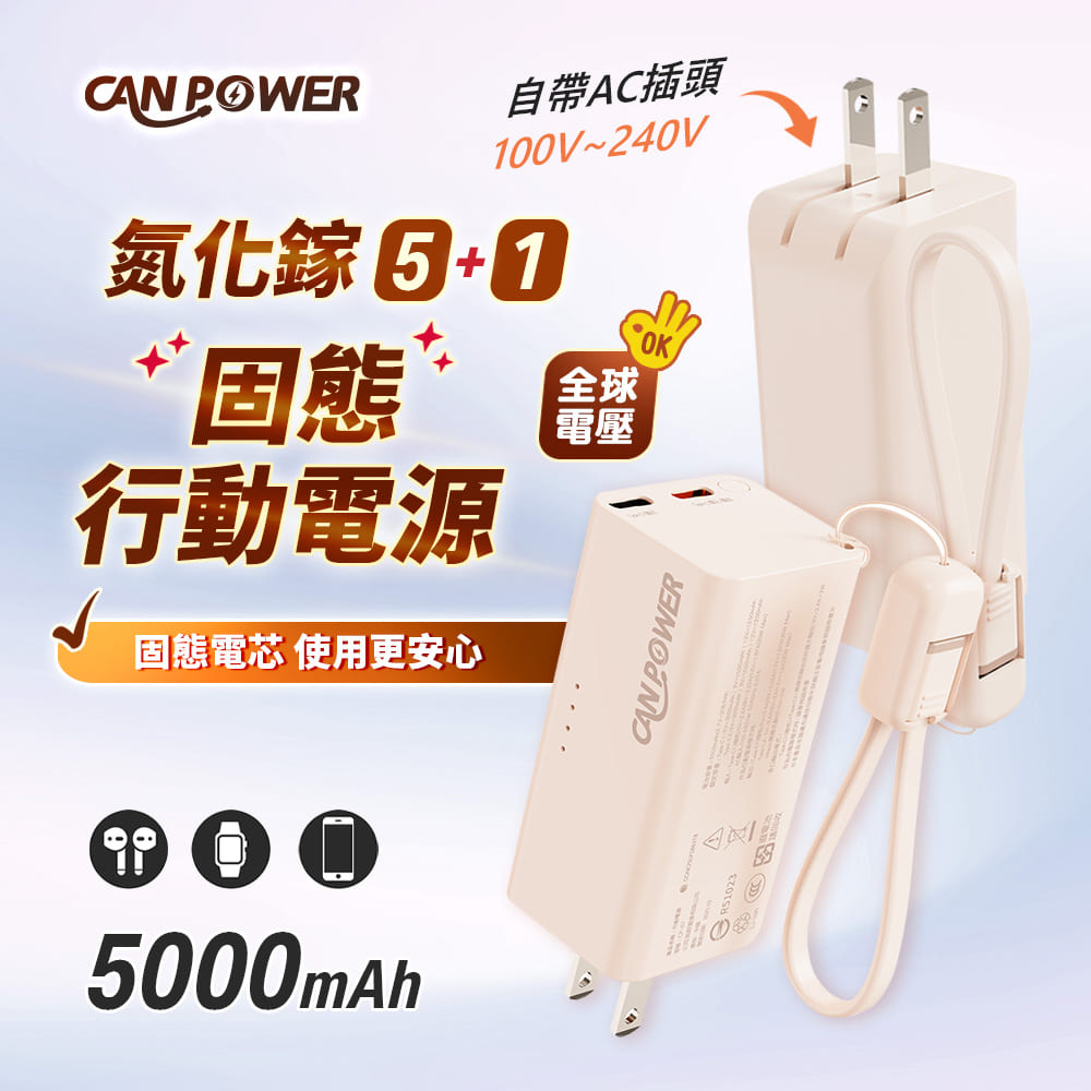 Canpower 多功能氮化鎵充電器SSB固態行動電源 5000mAh（台灣製造 138g 自帶AC插頭 有wh、ccc標示）