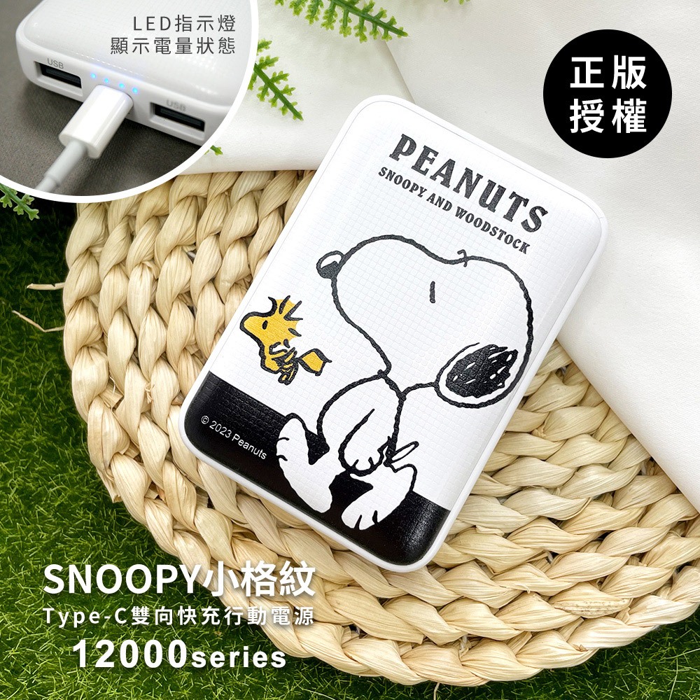SNOOPY 史努比 小格紋 12000series Type-C雙向快充行動電源-經典散步