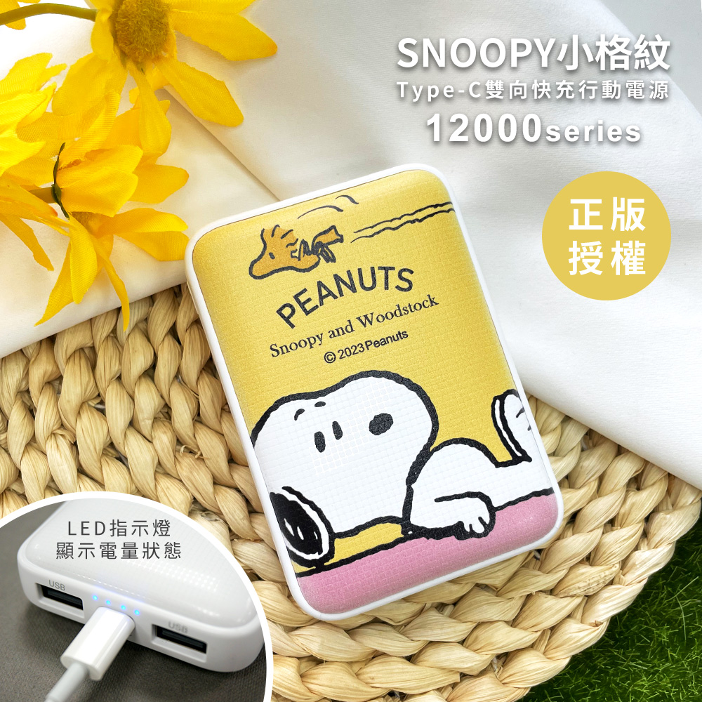 SNOOPY 史努比 小格紋 12000series Type-C雙向快充行動電源-上班時刻