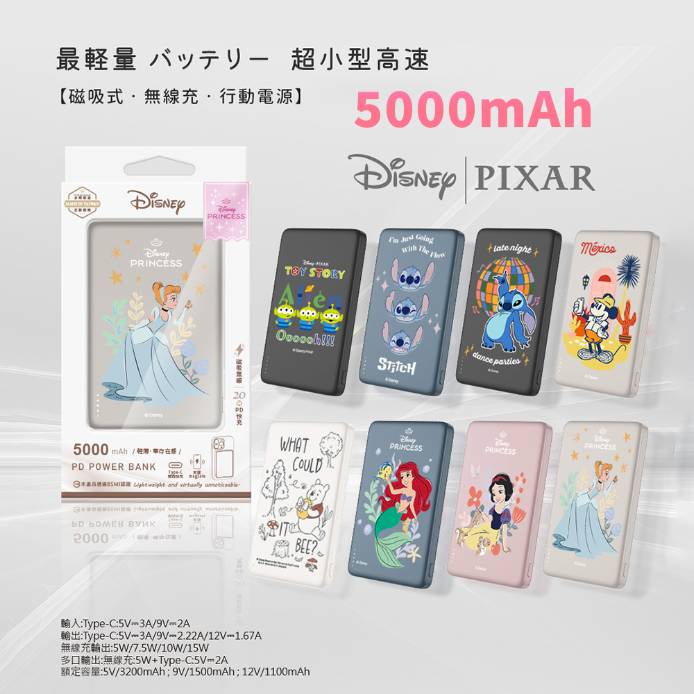 Disney 迪士尼 經典角色系列 20W PD超薄磁吸無線快充行動電源 5000mAh