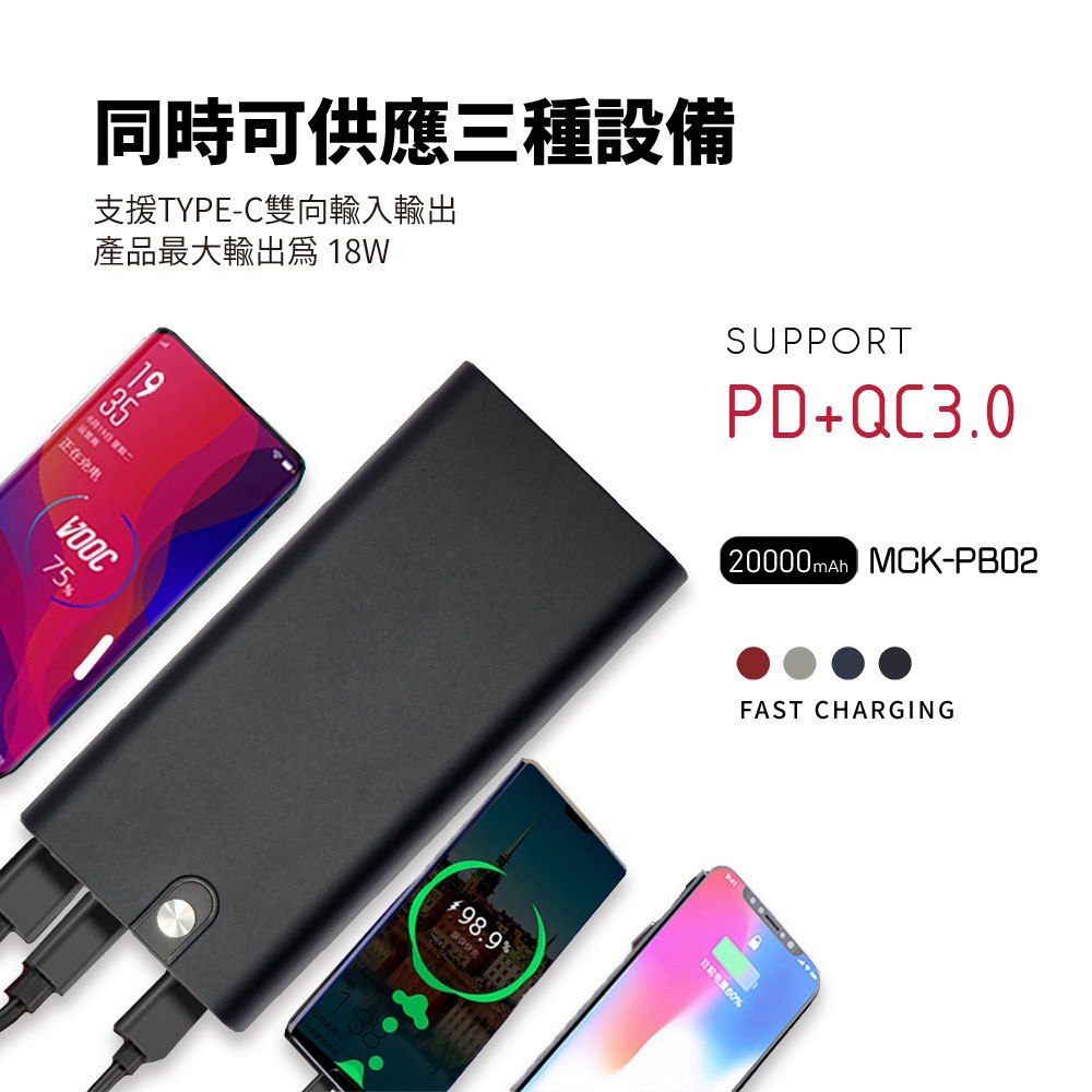 MIT電霸 PD+USB 18W 鋁合金 20000快充行動電源(台灣製造)（其他規格）