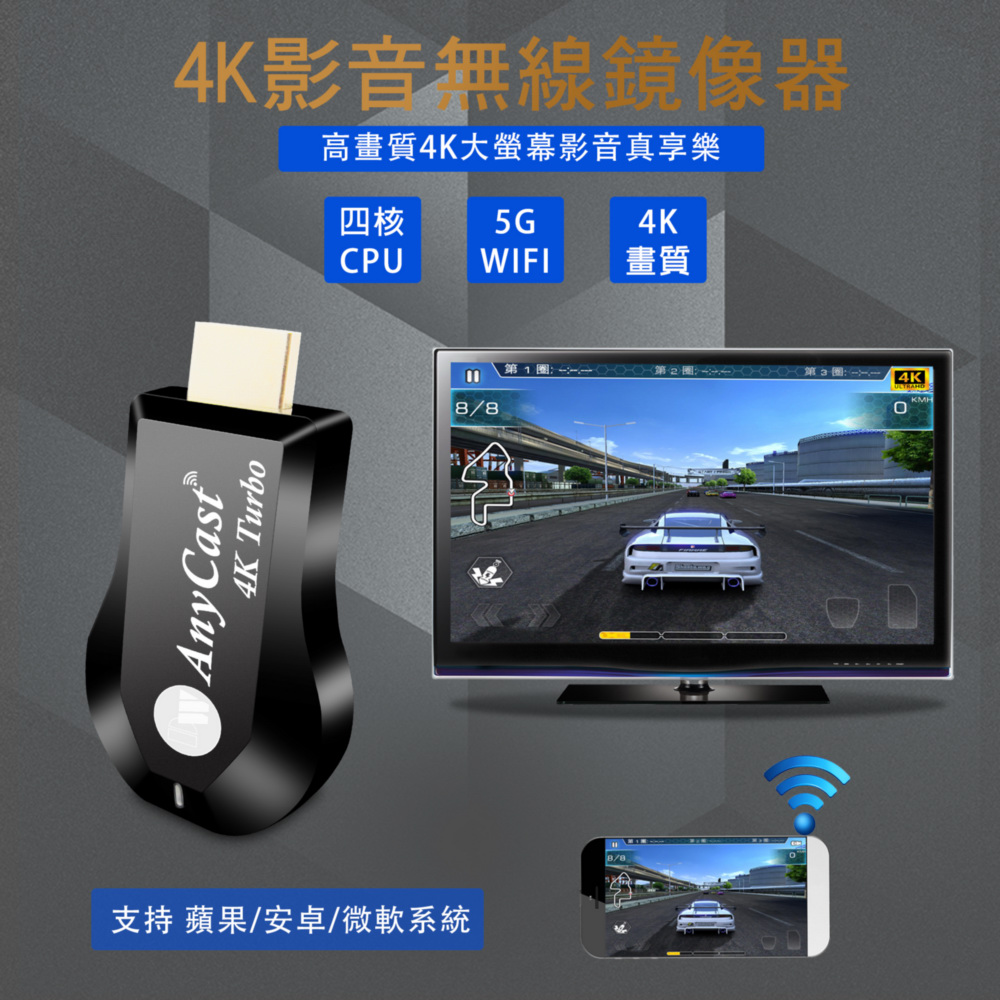 【4K Turbo影音真棒】高速四核心AnyCast雙頻5G全自動無線HDMI影音電視棒(附4大好禮)（其他規格）